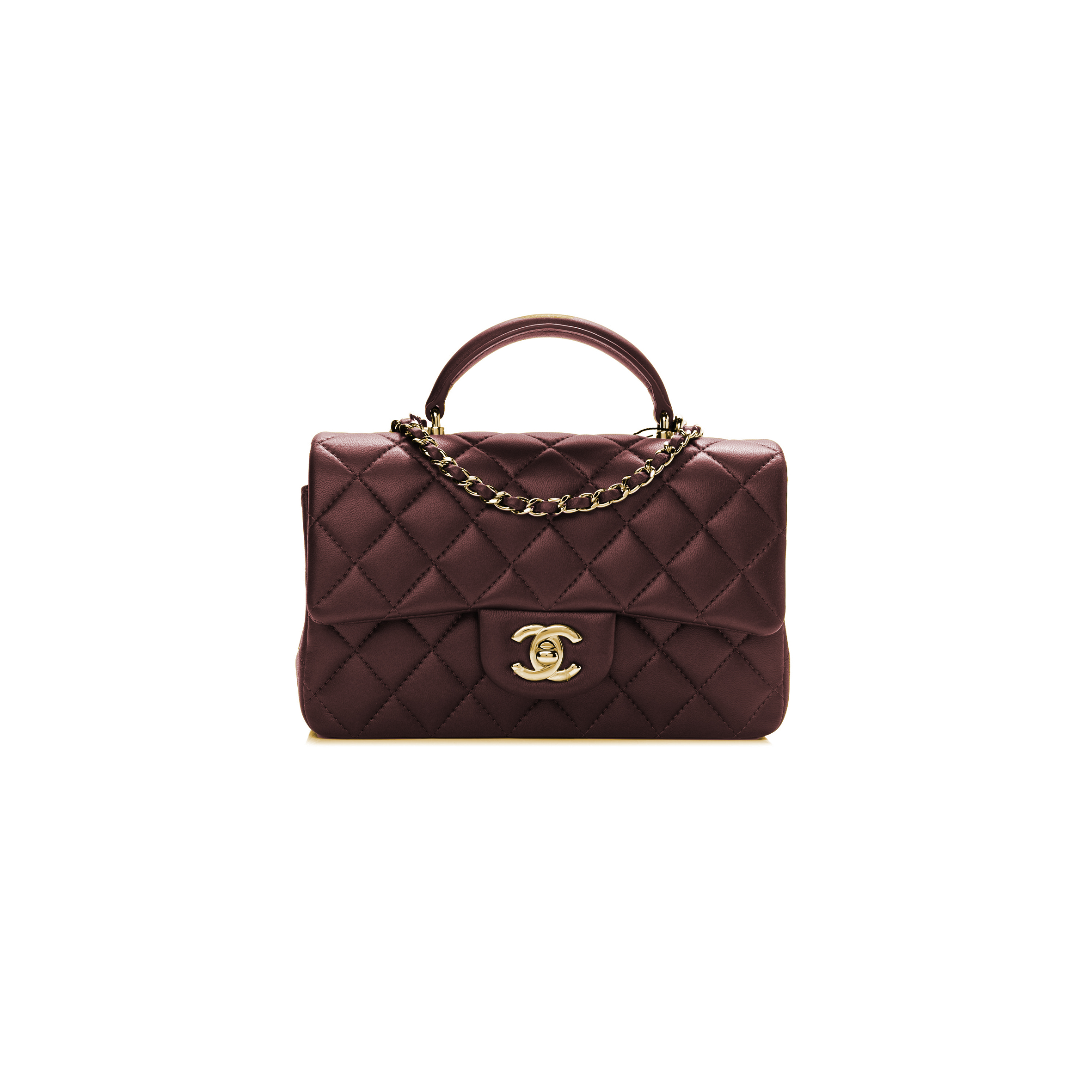 CHANEL MASTER LAMBSKIN QUILTED MINI TOP HANDLE RECTANGULAR FLAP GOLD BURGUNDY 1106350 (20*13*6cm)
